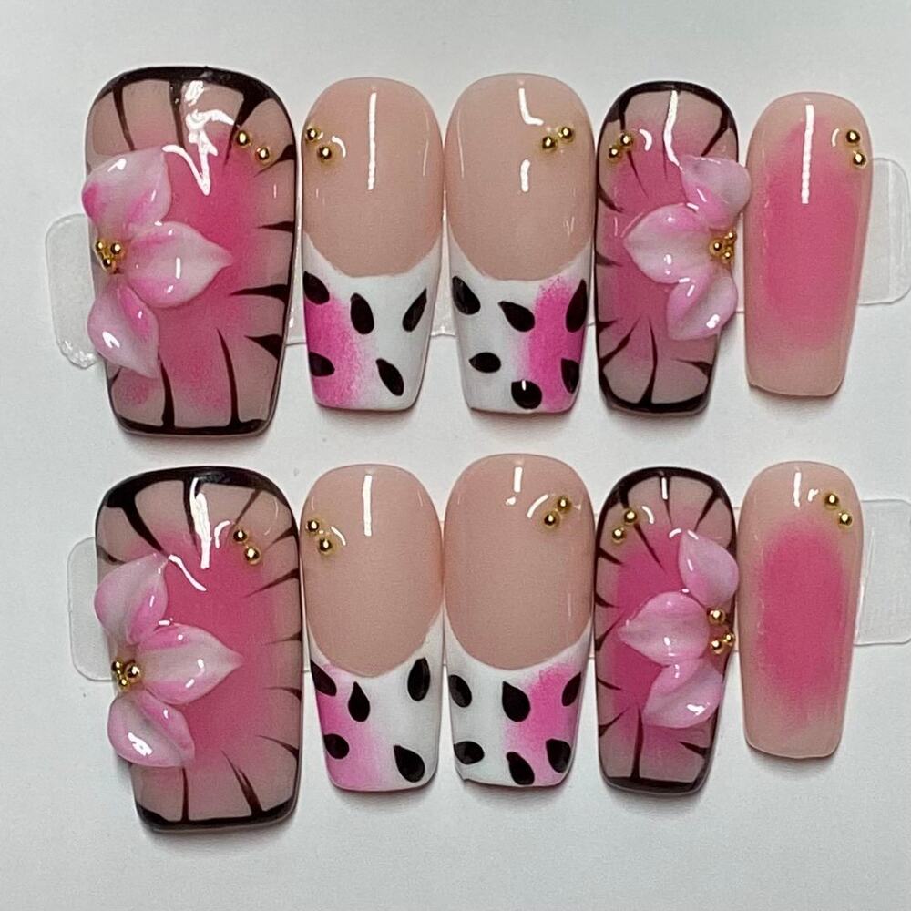Y2K Black Pink Aura 3D Flower French Tip Handmade Square Press On Nails Small
